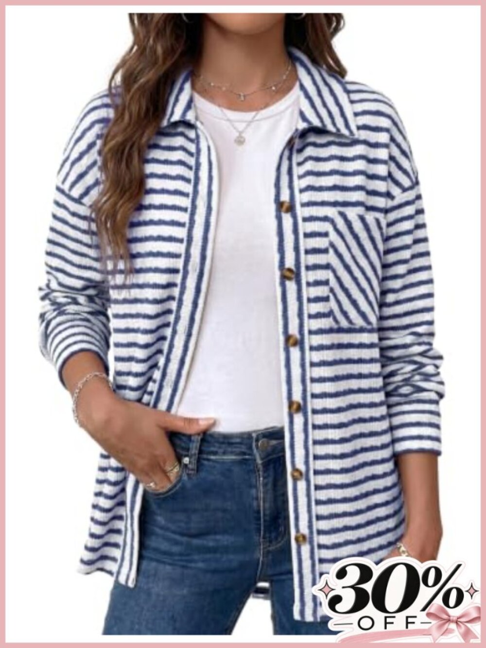 Dokotoo Women's Striped Button Down Shacket Long Sleeve Loose Fit Casual Jacket